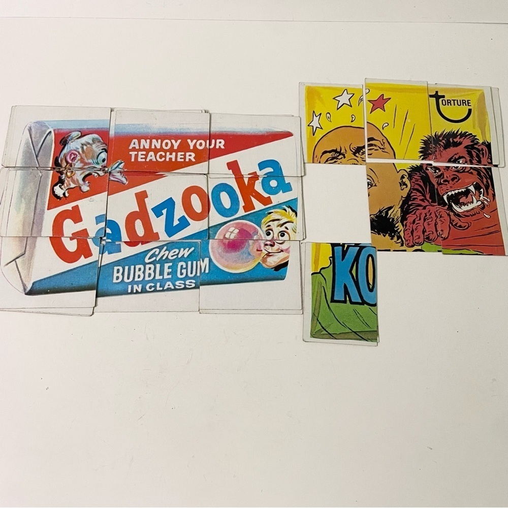 Vintage Wacky Packages Puzzle Checklist Cards Gadzooka and Kong Fu Incomplete